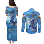 Ocean Spirit of Costa Rica Couples Matching Puletasi and Long Sleeve Button Shirt Anchored in Costa Rican Pride - Aussie Hoodie