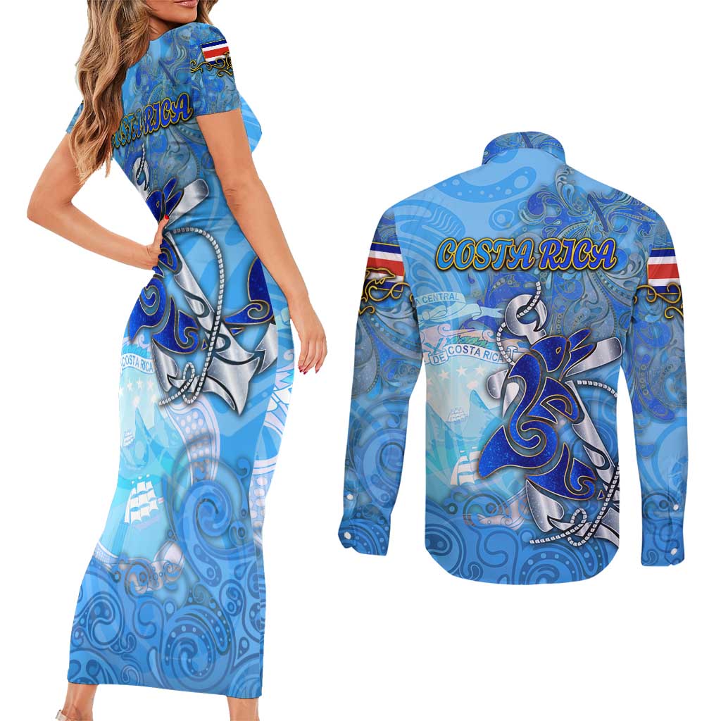 Ocean Spirit of Costa Rica Couples Matching Short Sleeve Bodycon Dress and Long Sleeve Button Shirt Anchored in Costa Rican Pride - Aussie Hoodie