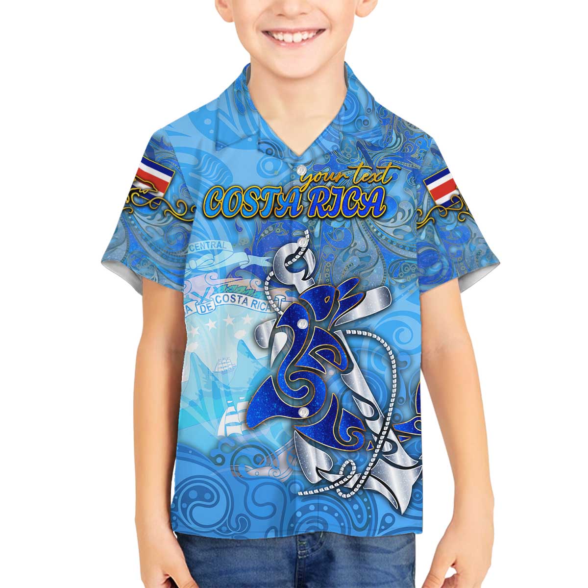 Ocean Spirit of Costa Rica Family Matching Off The Shoulder Long Sleeve Dress and Hawaiian Shirt Anchored in Costa Rican Pride - Aussie Hoodie