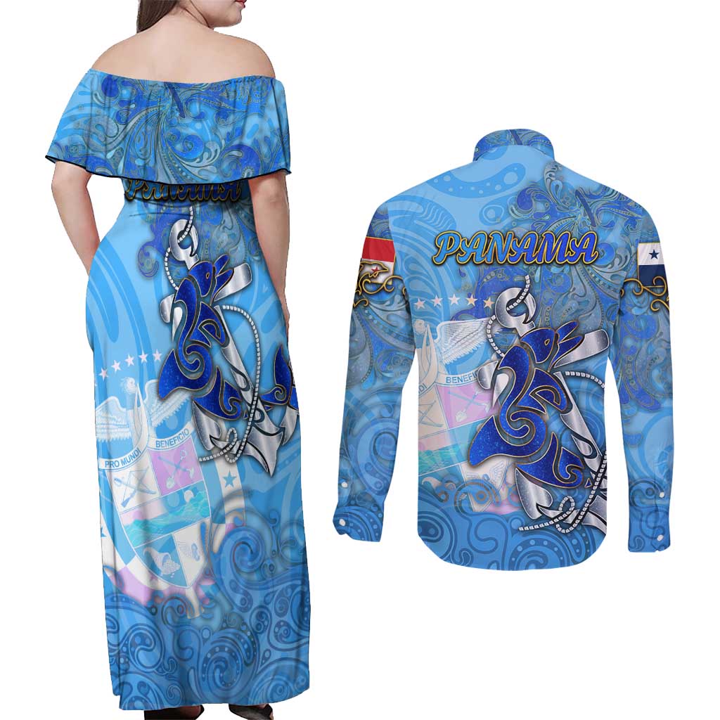 Ocean Spirit of Panama Couples Matching Off Shoulder Maxi Dress and Long Sleeve Button Shirt Anchored in Panamanian Pride - Aussie Hoodie