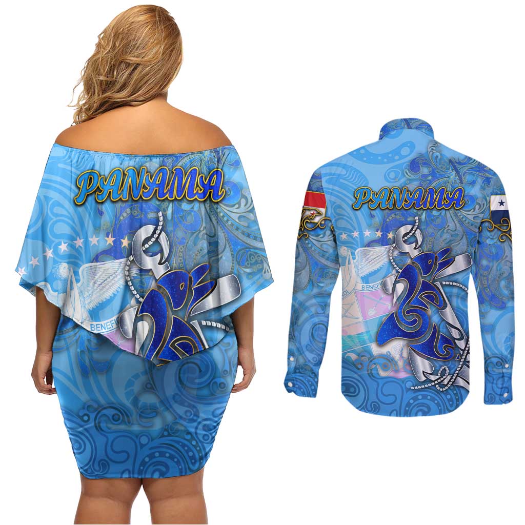 Ocean Spirit of Panama Couples Matching Off Shoulder Short Dress and Long Sleeve Button Shirt Anchored in Panamanian Pride - Aussie Hoodie
