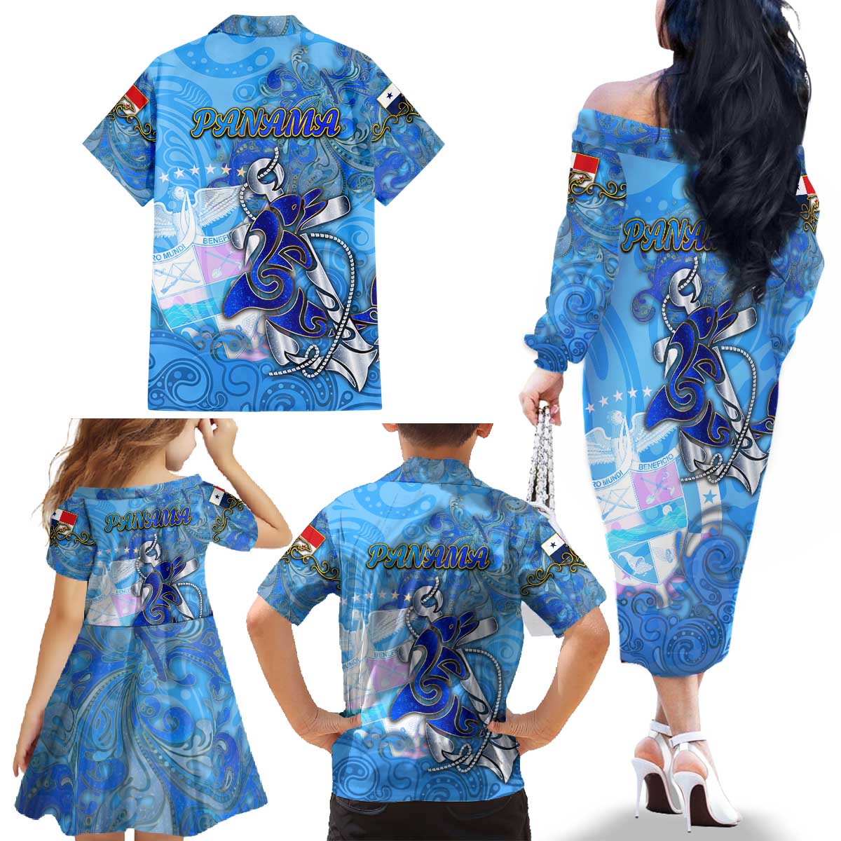 Ocean Spirit of Panama Family Matching Off The Shoulder Long Sleeve Dress and Hawaiian Shirt Anchored in Panamanian Pride - Aussie Hoodie
