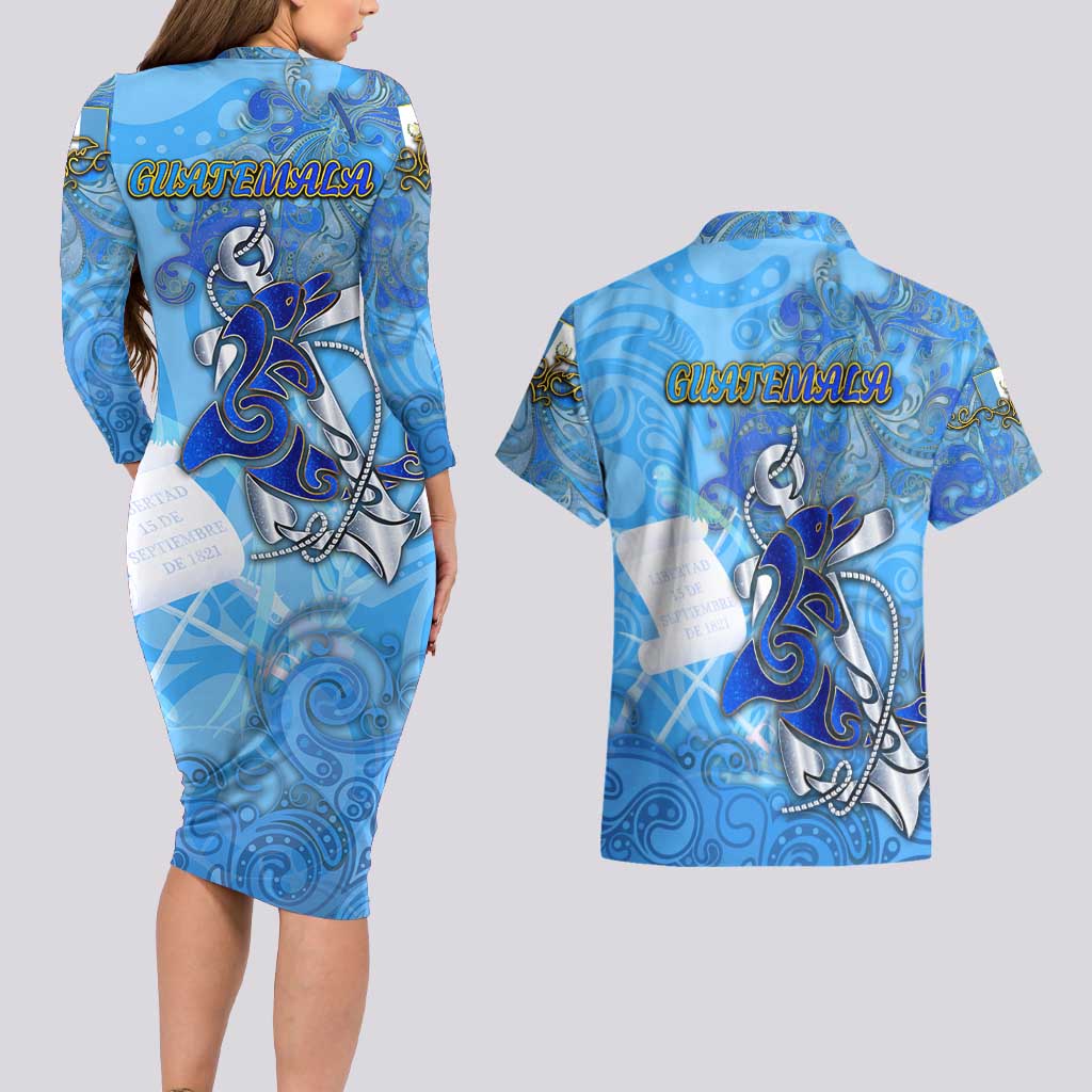 Ocean Spirit of Guatemala Couples Matching Long Sleeve Bodycon Dress and Hawaiian Shirt Anchored in Guatemalan Pride - Aussie Hoodie