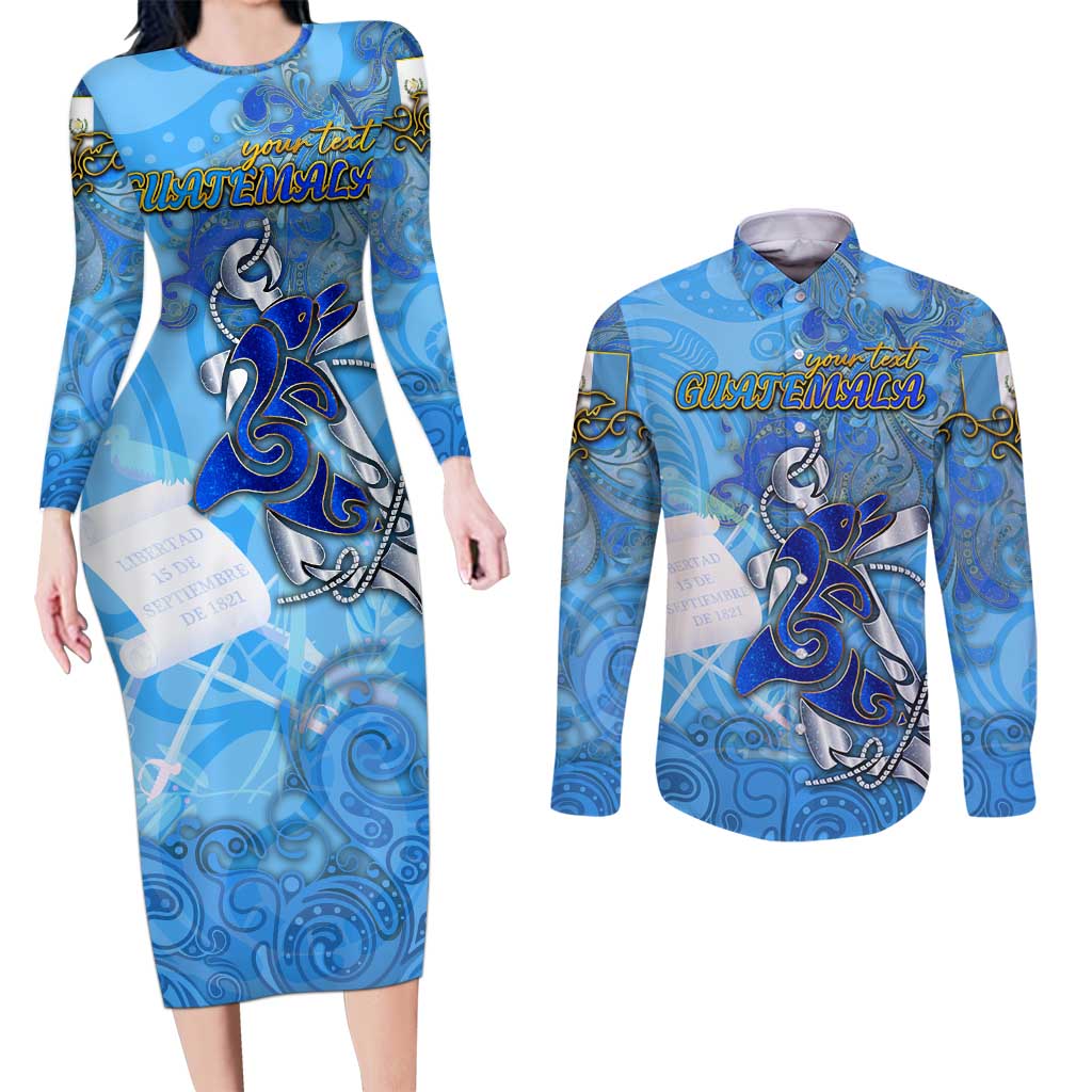 Ocean Spirit of Guatemala Couples Matching Long Sleeve Bodycon Dress and Long Sleeve Button Shirt Anchored in Guatemalan Pride - Aussie Hoodie