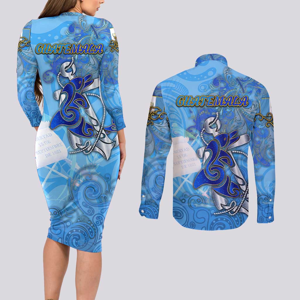 Ocean Spirit of Guatemala Couples Matching Long Sleeve Bodycon Dress and Long Sleeve Button Shirt Anchored in Guatemalan Pride - Aussie Hoodie