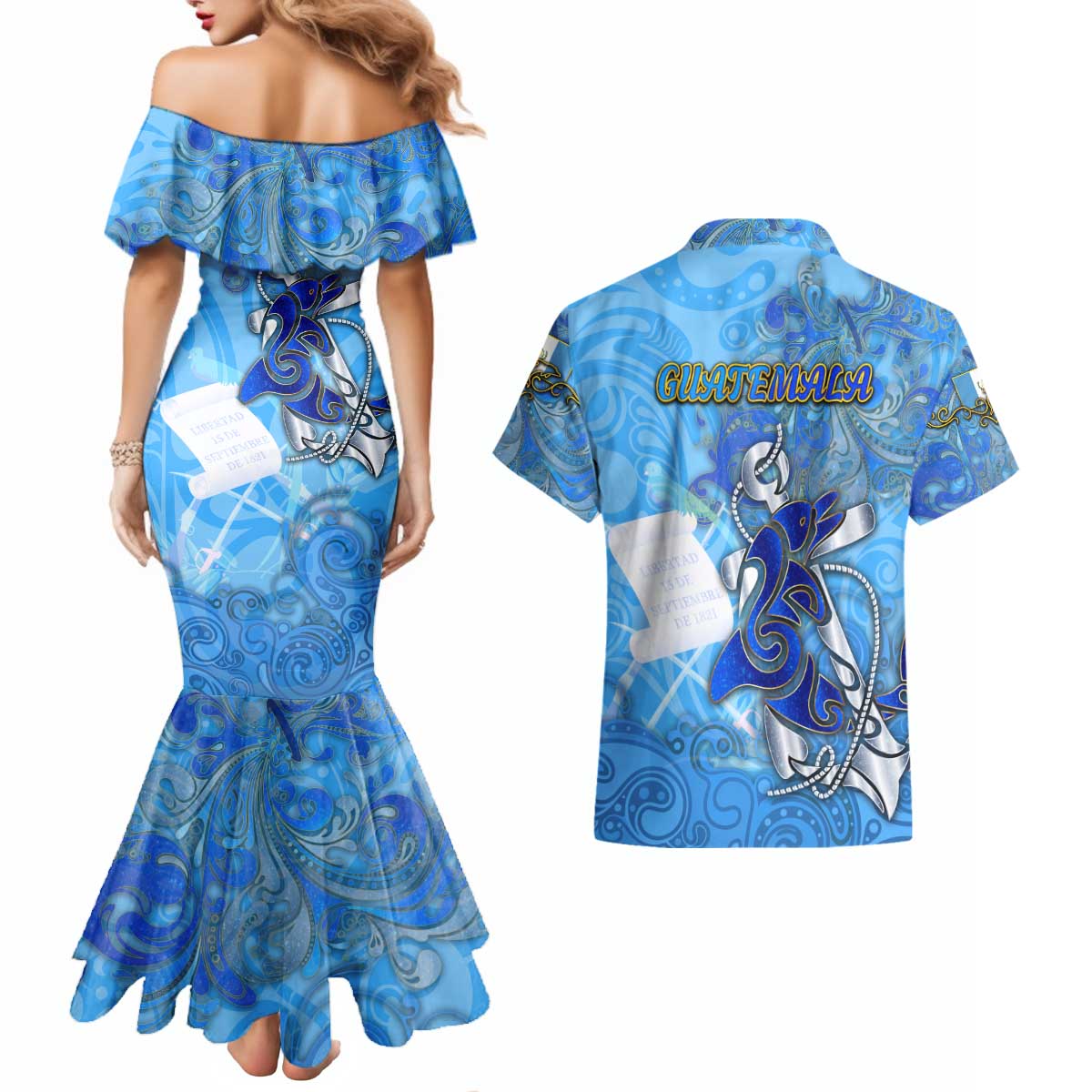 Ocean Spirit of Guatemala Couples Matching Mermaid Dress and Hawaiian Shirt Anchored in Guatemalan Pride - Aussie Hoodie