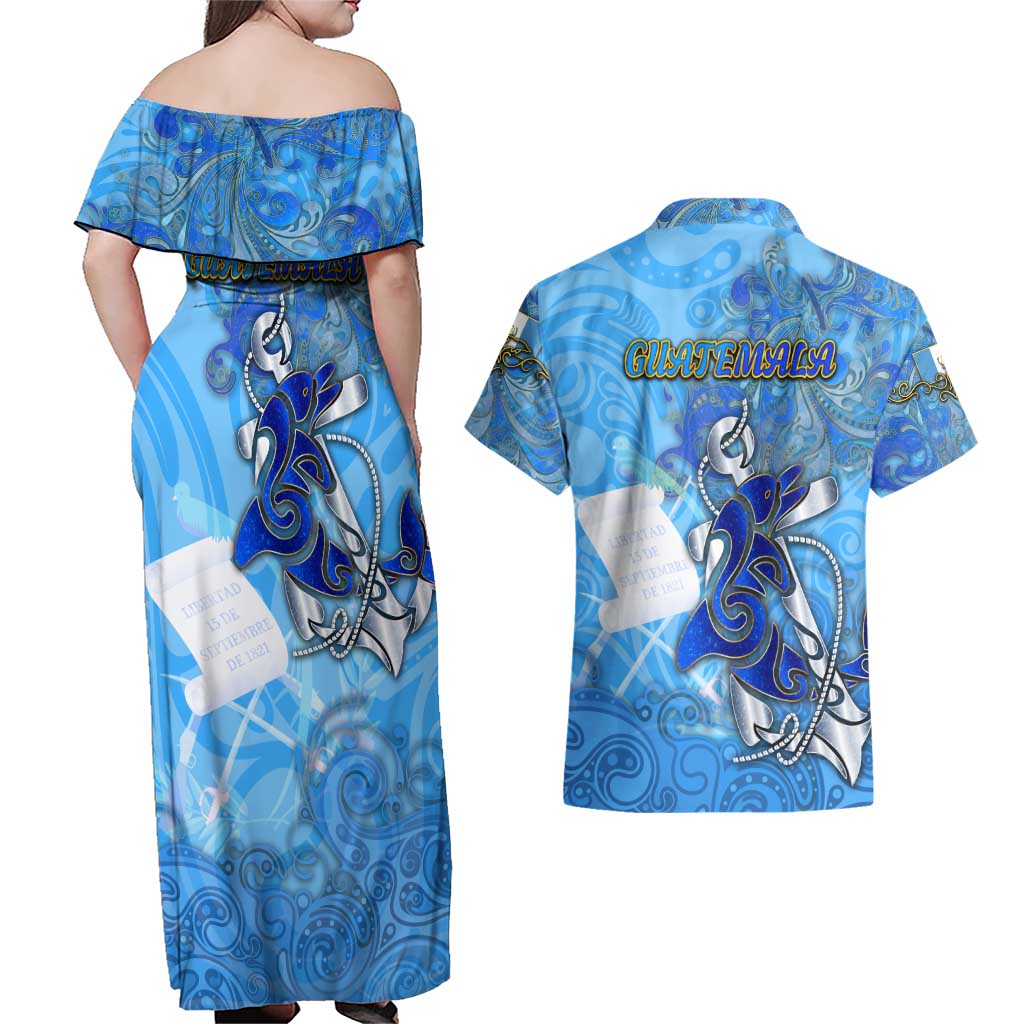 Ocean Spirit of Guatemala Couples Matching Off Shoulder Maxi Dress and Hawaiian Shirt Anchored in Guatemalan Pride - Aussie Hoodie