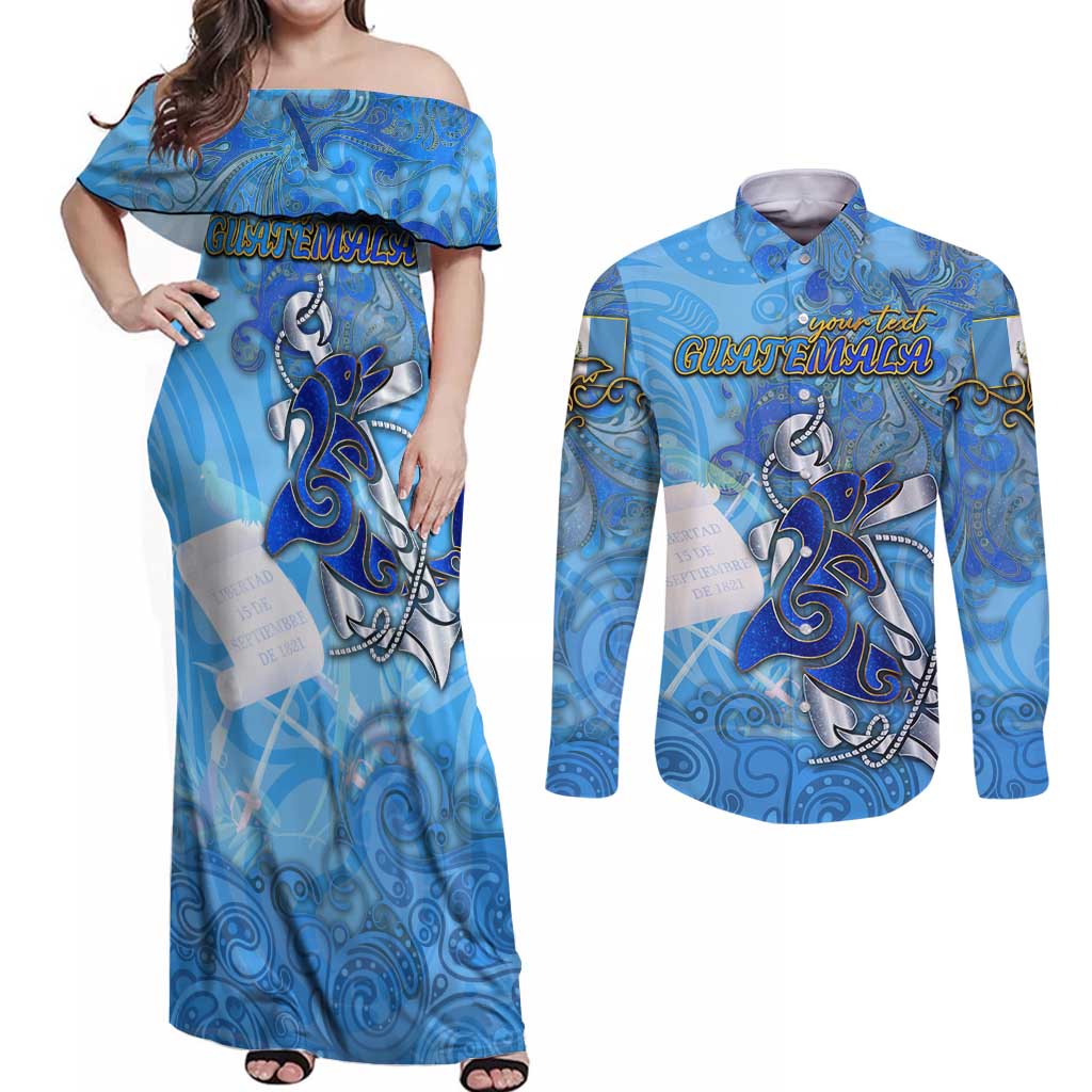 Ocean Spirit of Guatemala Couples Matching Off Shoulder Maxi Dress and Long Sleeve Button Shirt Anchored in Guatemalan Pride - Aussie Hoodie