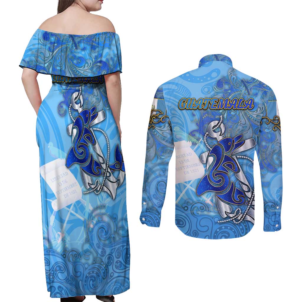 Ocean Spirit of Guatemala Couples Matching Off Shoulder Maxi Dress and Long Sleeve Button Shirt Anchored in Guatemalan Pride - Aussie Hoodie