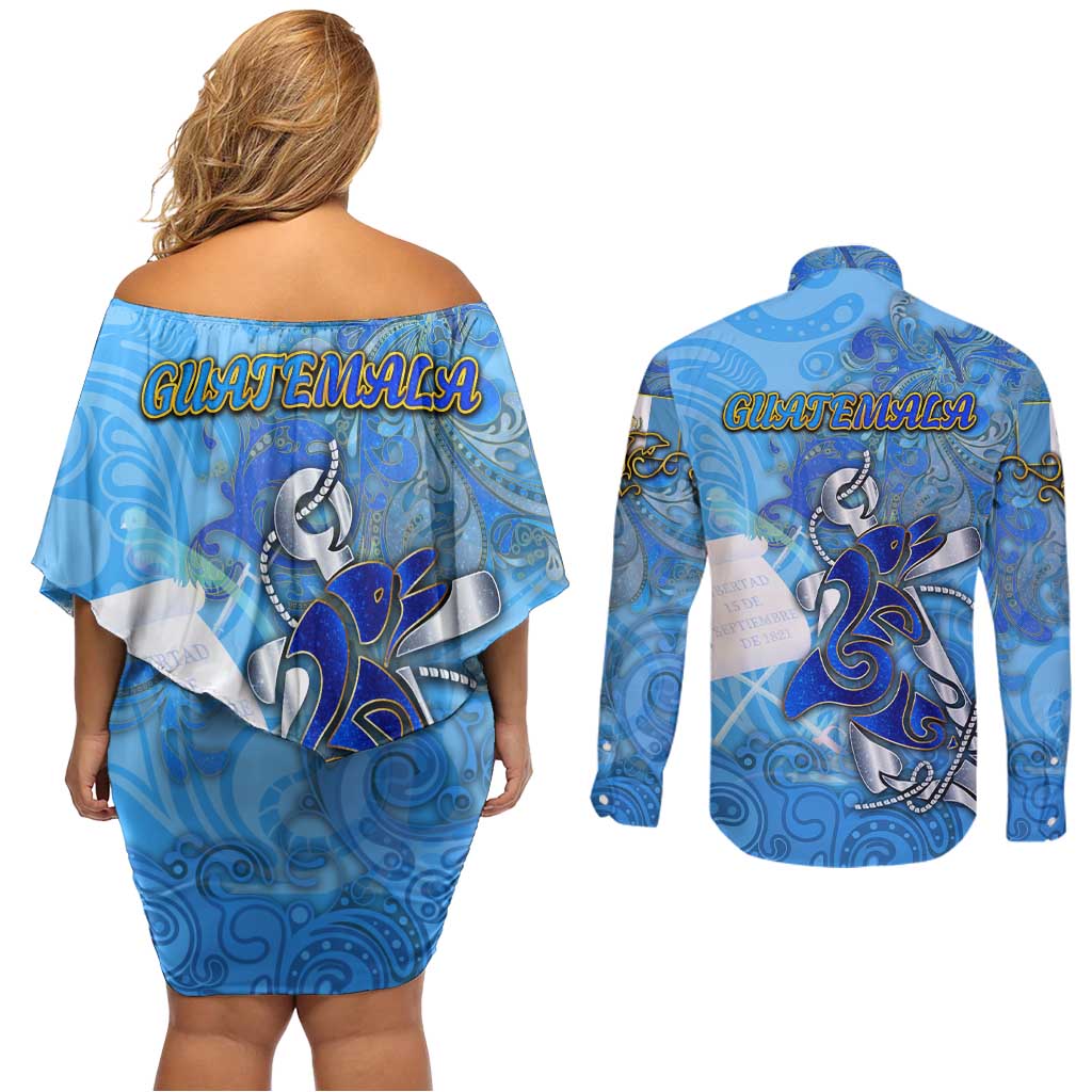 Ocean Spirit of Guatemala Couples Matching Off Shoulder Short Dress and Long Sleeve Button Shirt Anchored in Guatemalan Pride - Aussie Hoodie