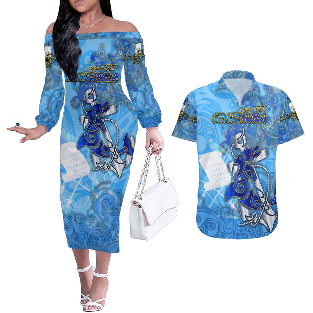 Ocean Spirit of Guatemala Couples Matching Off The Shoulder Long Sleeve Dress and Hawaiian Shirt Anchored in Guatemalan Pride - Aussie Hoodie