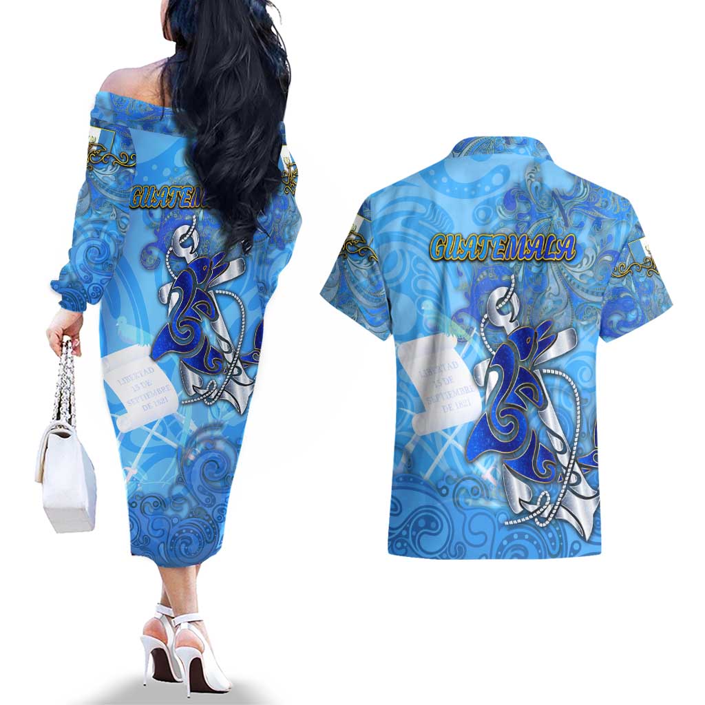 Ocean Spirit of Guatemala Couples Matching Off The Shoulder Long Sleeve Dress and Hawaiian Shirt Anchored in Guatemalan Pride - Aussie Hoodie