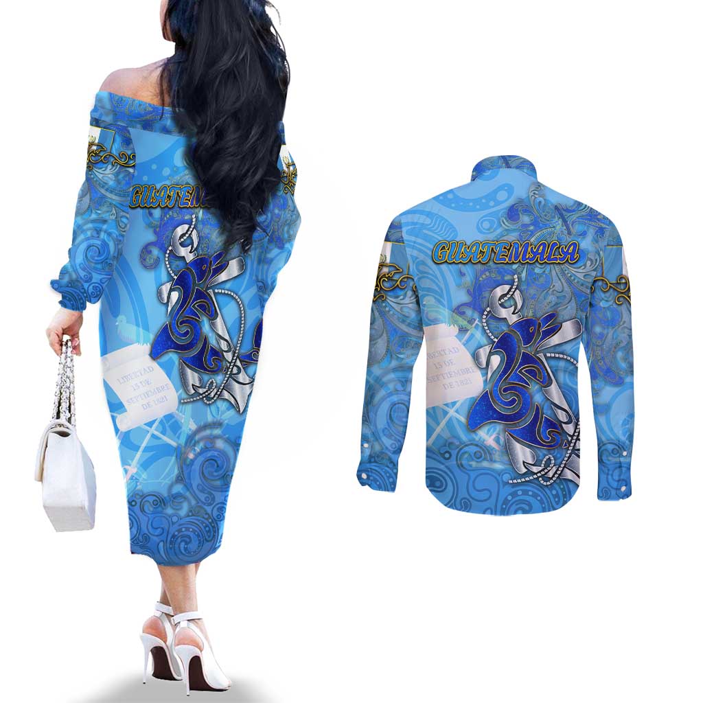 Ocean Spirit of Guatemala Couples Matching Off The Shoulder Long Sleeve Dress and Long Sleeve Button Shirt Anchored in Guatemalan Pride - Aussie Hoodie