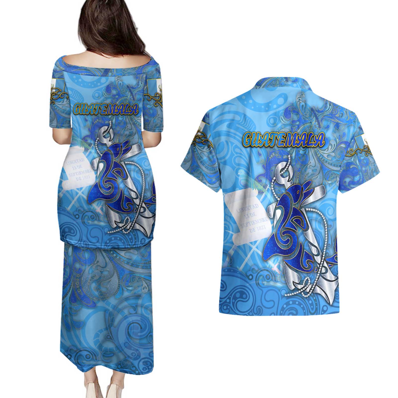 Ocean Spirit of Guatemala Couples Matching Puletasi and Hawaiian Shirt Anchored in Guatemalan Pride - Aussie Hoodie