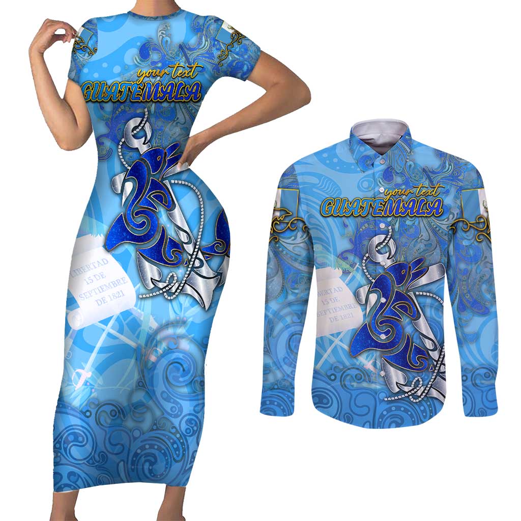 Ocean Spirit of Guatemala Couples Matching Short Sleeve Bodycon Dress and Long Sleeve Button Shirt Anchored in Guatemalan Pride - Aussie Hoodie