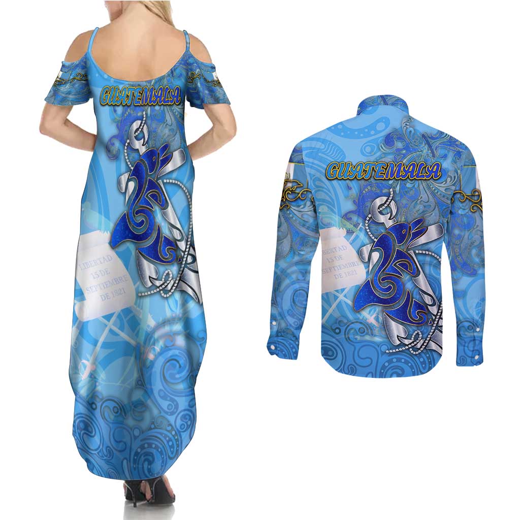 Ocean Spirit of Guatemala Couples Matching Summer Maxi Dress and Long Sleeve Button Shirt Anchored in Guatemalan Pride - Aussie Hoodie