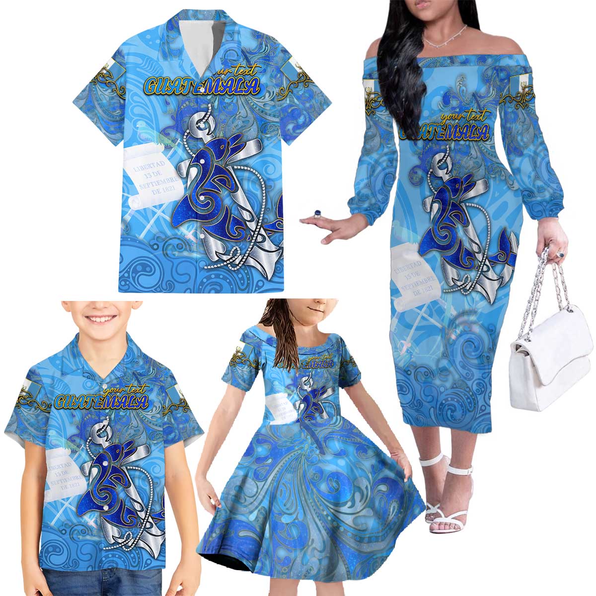 Ocean Spirit of Guatemala Family Matching Off The Shoulder Long Sleeve Dress and Hawaiian Shirt Anchored in Guatemalan Pride - Aussie Hoodie