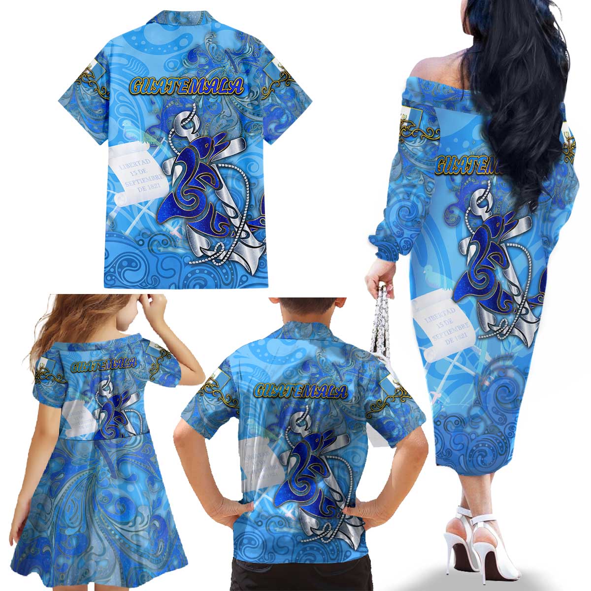Ocean Spirit of Guatemala Family Matching Off The Shoulder Long Sleeve Dress and Hawaiian Shirt Anchored in Guatemalan Pride - Aussie Hoodie