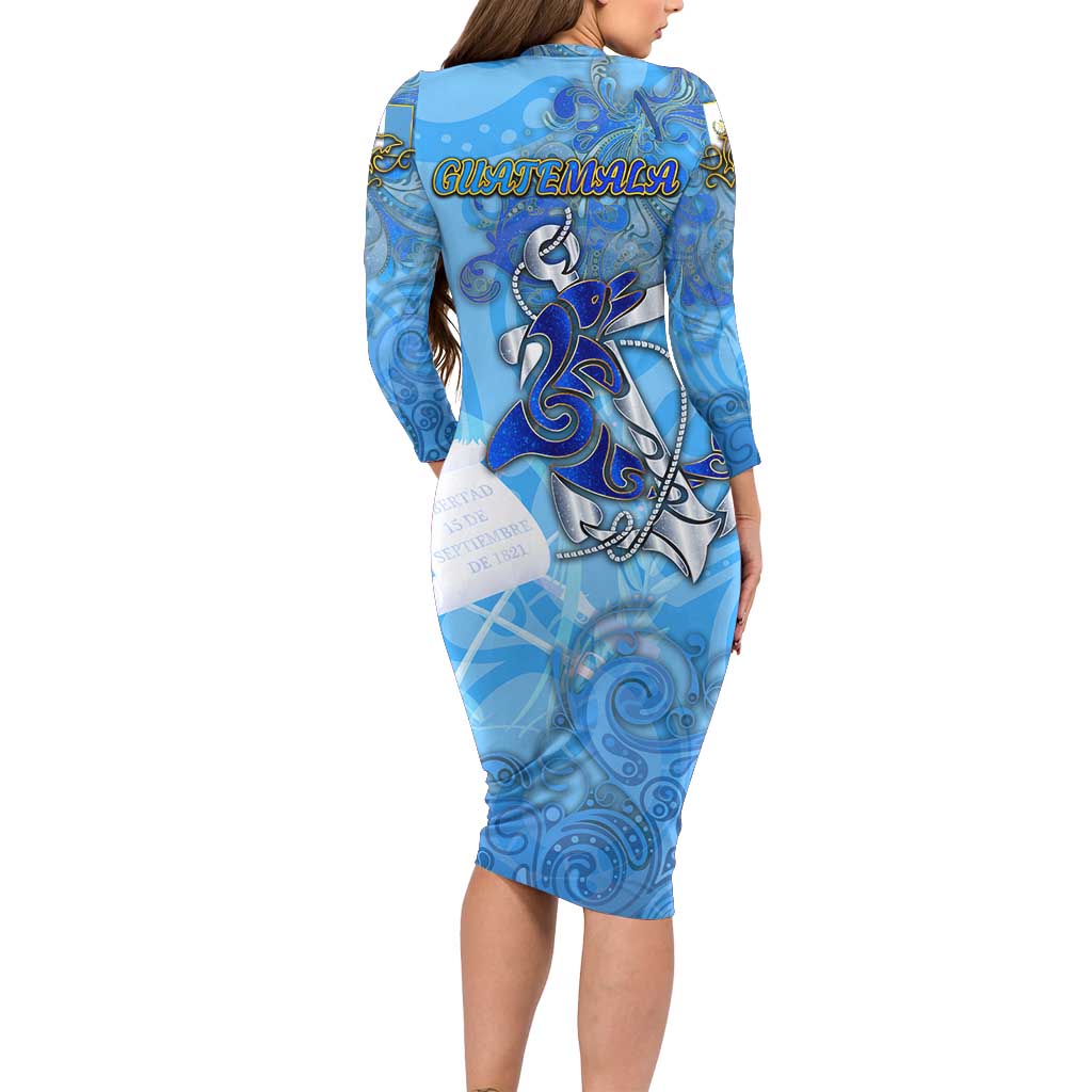 Ocean Spirit of Guatemala Long Sleeve Bodycon Dress Anchored in Guatemalan Pride - Aussie Hoodie