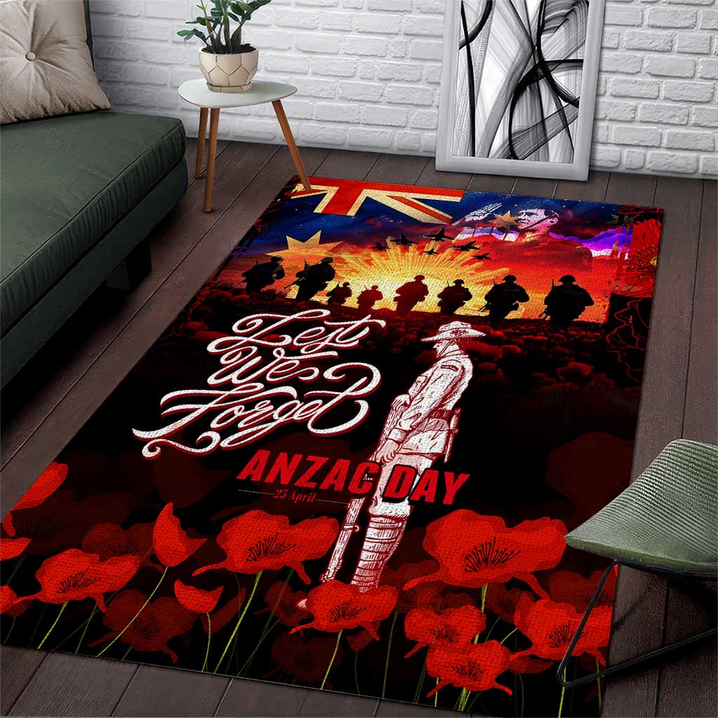 Australia ANZAC Day Area Rug Let We Forget - Tribute Art with Soldiers and Poppies
