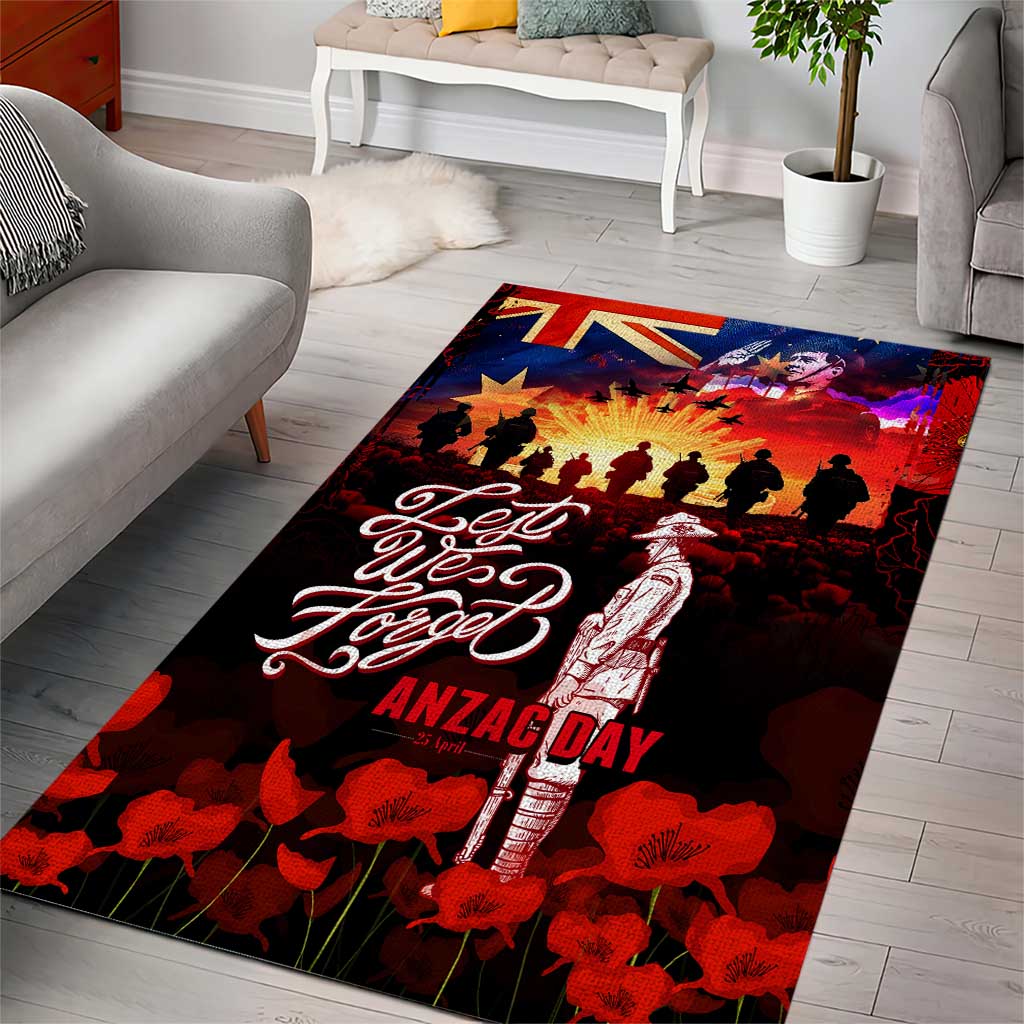 Australia ANZAC Day Area Rug Let We Forget - Tribute Art with Soldiers and Poppies