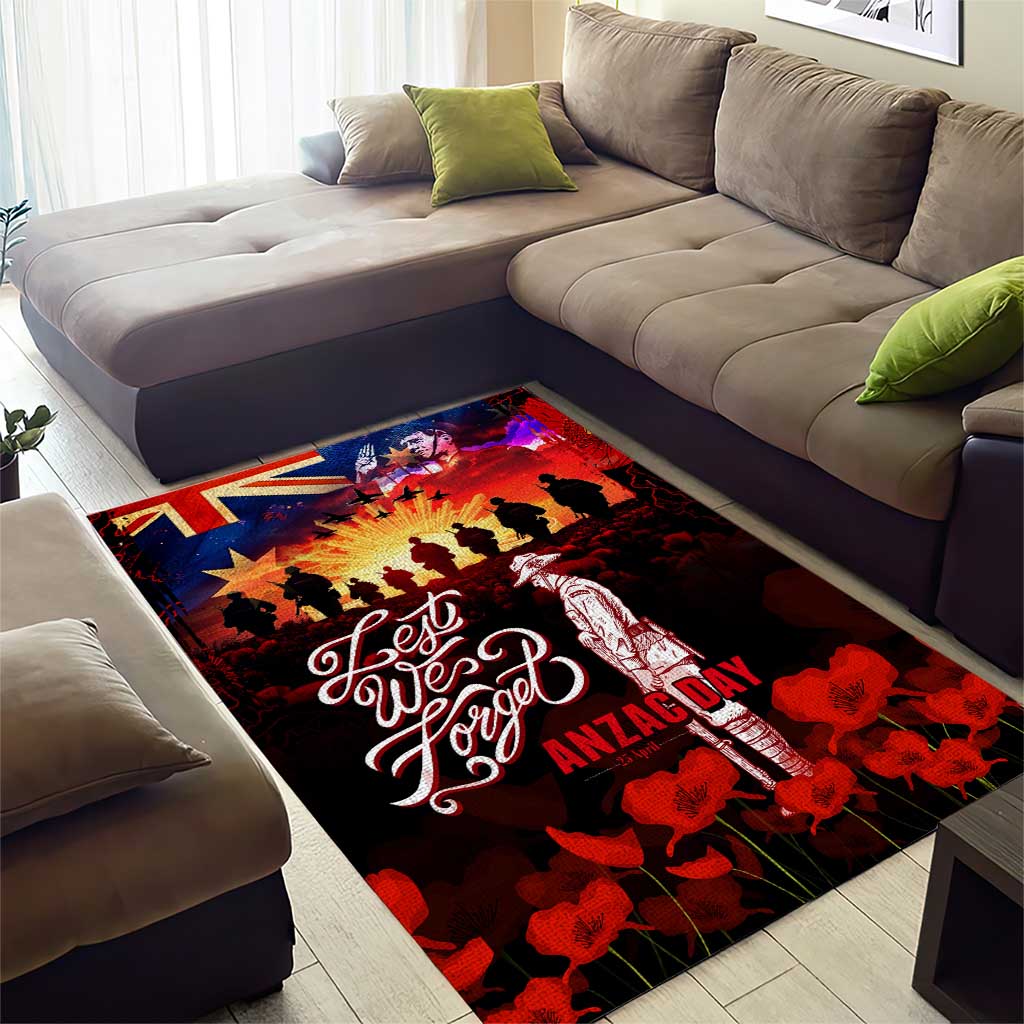 Australia ANZAC Day Area Rug Let We Forget - Tribute Art with Soldiers and Poppies