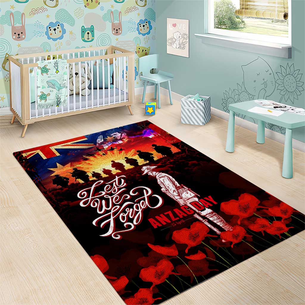 Australia ANZAC Day Area Rug Let We Forget - Tribute Art with Soldiers and Poppies