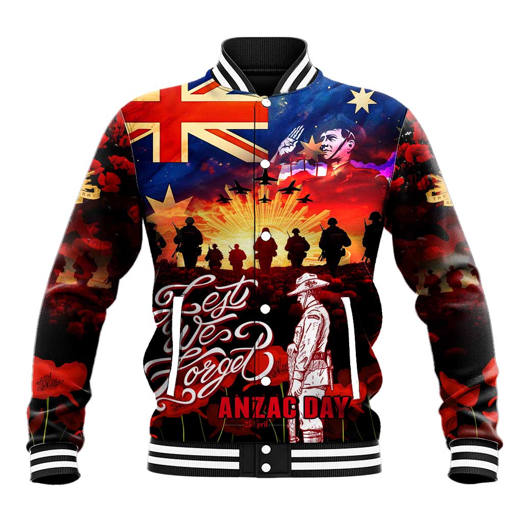 Australia ANZAC Day Baseball Jacket Let We Forget - Tribute Art with Soldiers and Poppies