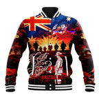 Australia ANZAC Day Baseball Jacket Let We Forget - Tribute Art with Soldiers and Poppies