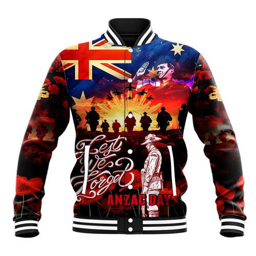 Australia ANZAC Day Baseball Jacket Let We Forget - Tribute Art with Soldiers and Poppies
