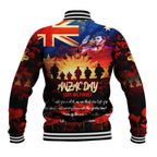 Australia ANZAC Day Baseball Jacket Let We Forget - Tribute Art with Soldiers and Poppies