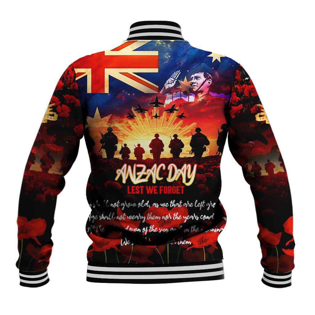 Australia ANZAC Day Baseball Jacket Let We Forget - Tribute Art with Soldiers and Poppies