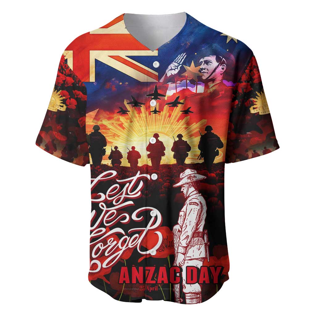 Australia ANZAC Day Baseball Jersey Let We Forget - Tribute Art with Soldiers and Poppies