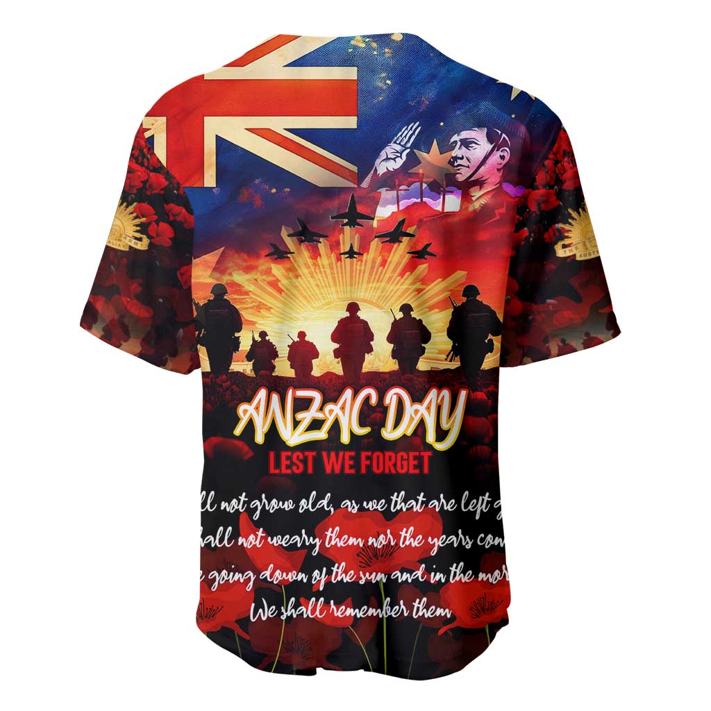 Australia ANZAC Day Baseball Jersey Let We Forget - Tribute Art with Soldiers and Poppies