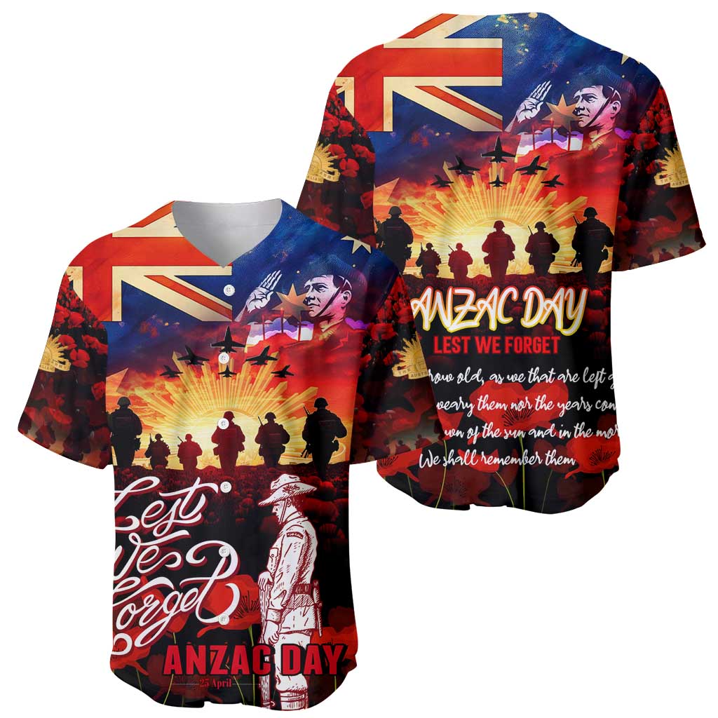 Australia ANZAC Day Baseball Jersey Let We Forget - Tribute Art with Soldiers and Poppies