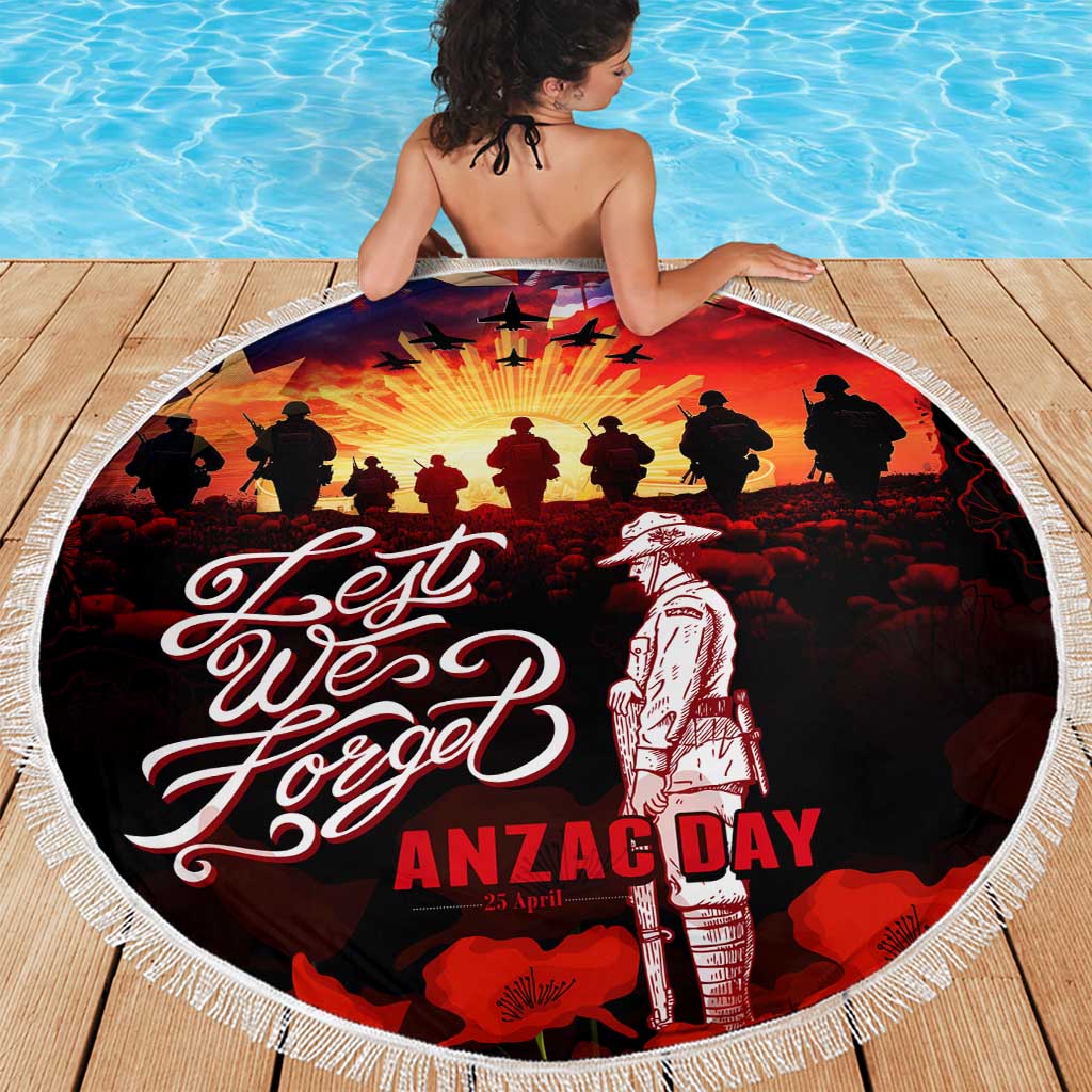 Australia ANZAC Day Beach Blanket Let We Forget - Tribute Art with Soldiers and Poppies