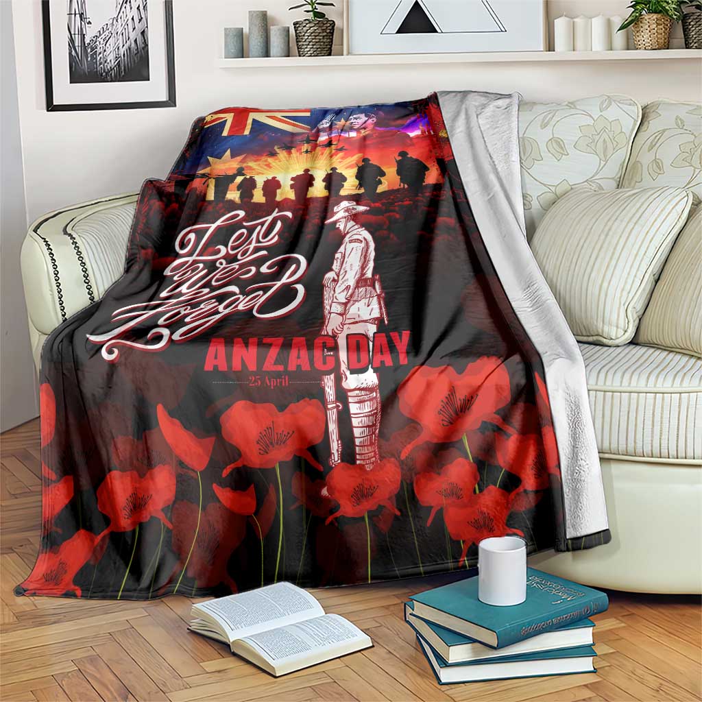 Australia ANZAC Day Blanket Let We Forget - Tribute Art with Soldiers and Poppies
