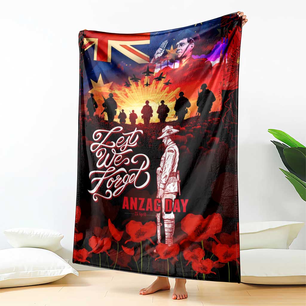 Australia ANZAC Day Blanket Let We Forget - Tribute Art with Soldiers and Poppies