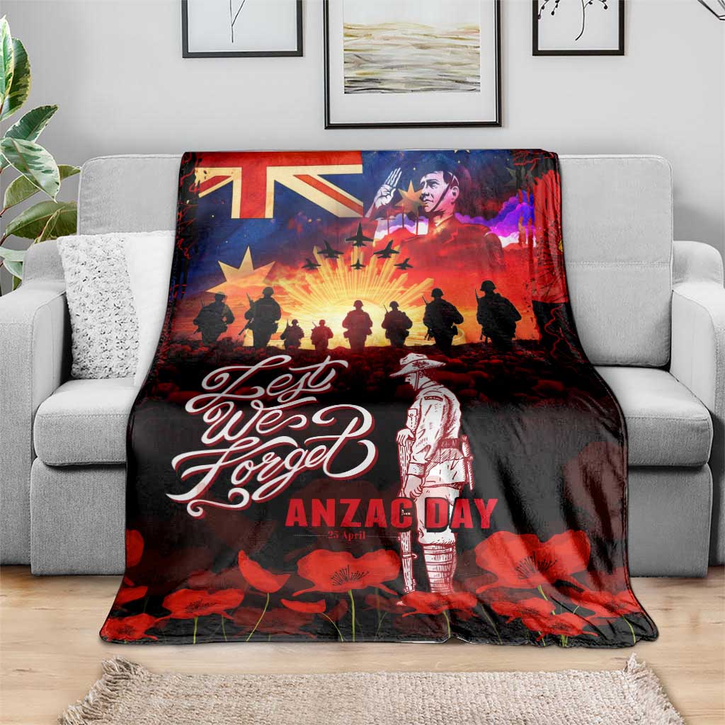 Australia ANZAC Day Blanket Let We Forget - Tribute Art with Soldiers and Poppies