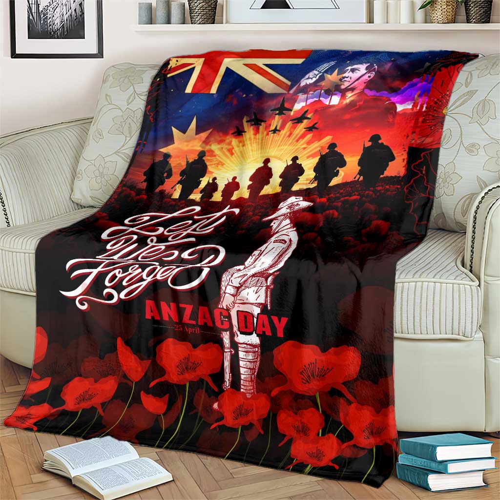 Australia ANZAC Day Blanket Let We Forget - Tribute Art with Soldiers and Poppies