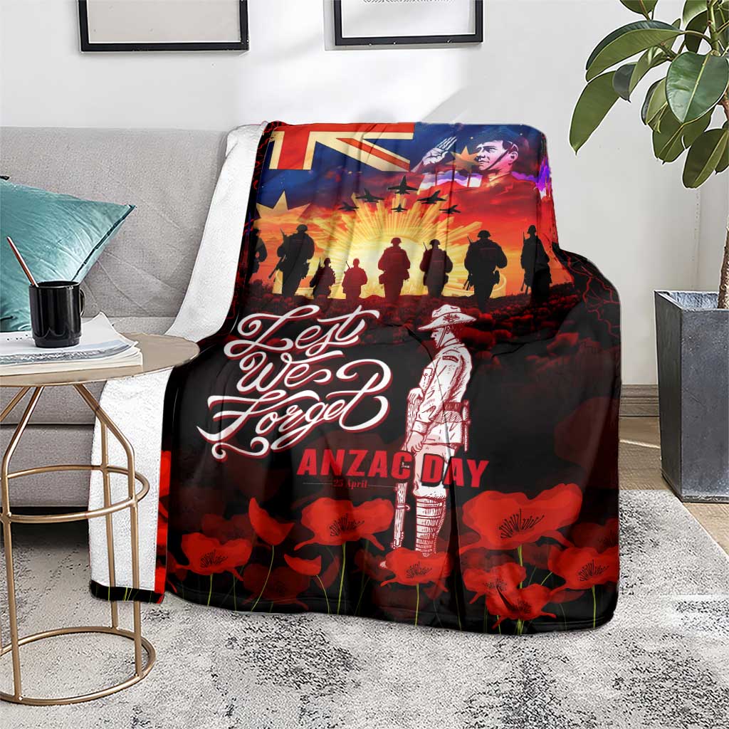 Australia ANZAC Day Blanket Let We Forget - Tribute Art with Soldiers and Poppies