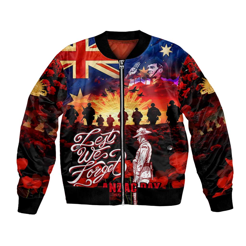 Australia ANZAC Day Bomber Jacket Let We Forget - Tribute Art with Soldiers and Poppies