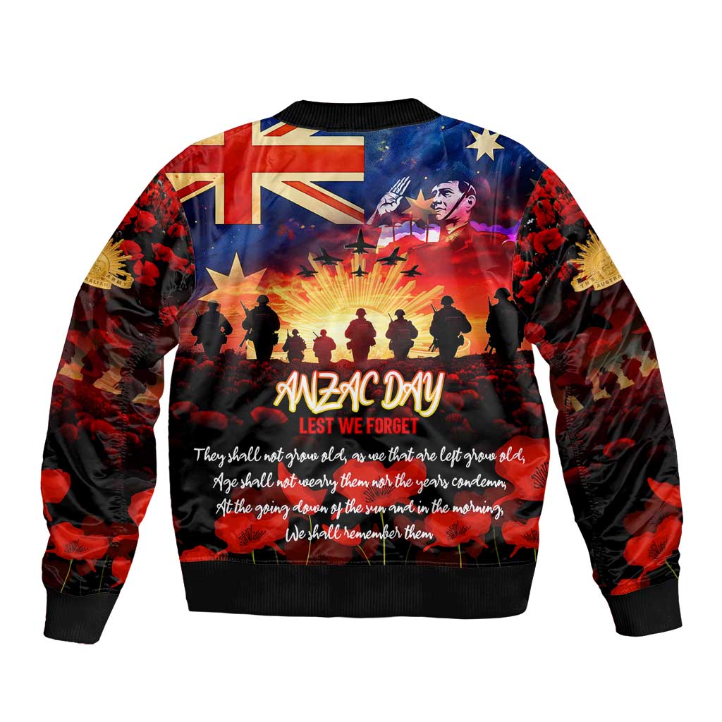 Australia ANZAC Day Bomber Jacket Let We Forget - Tribute Art with Soldiers and Poppies