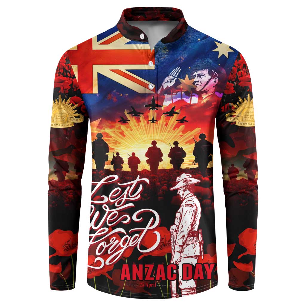 Australia ANZAC Day Button Sweatshirt Let We Forget - Tribute Art with Soldiers and Poppies