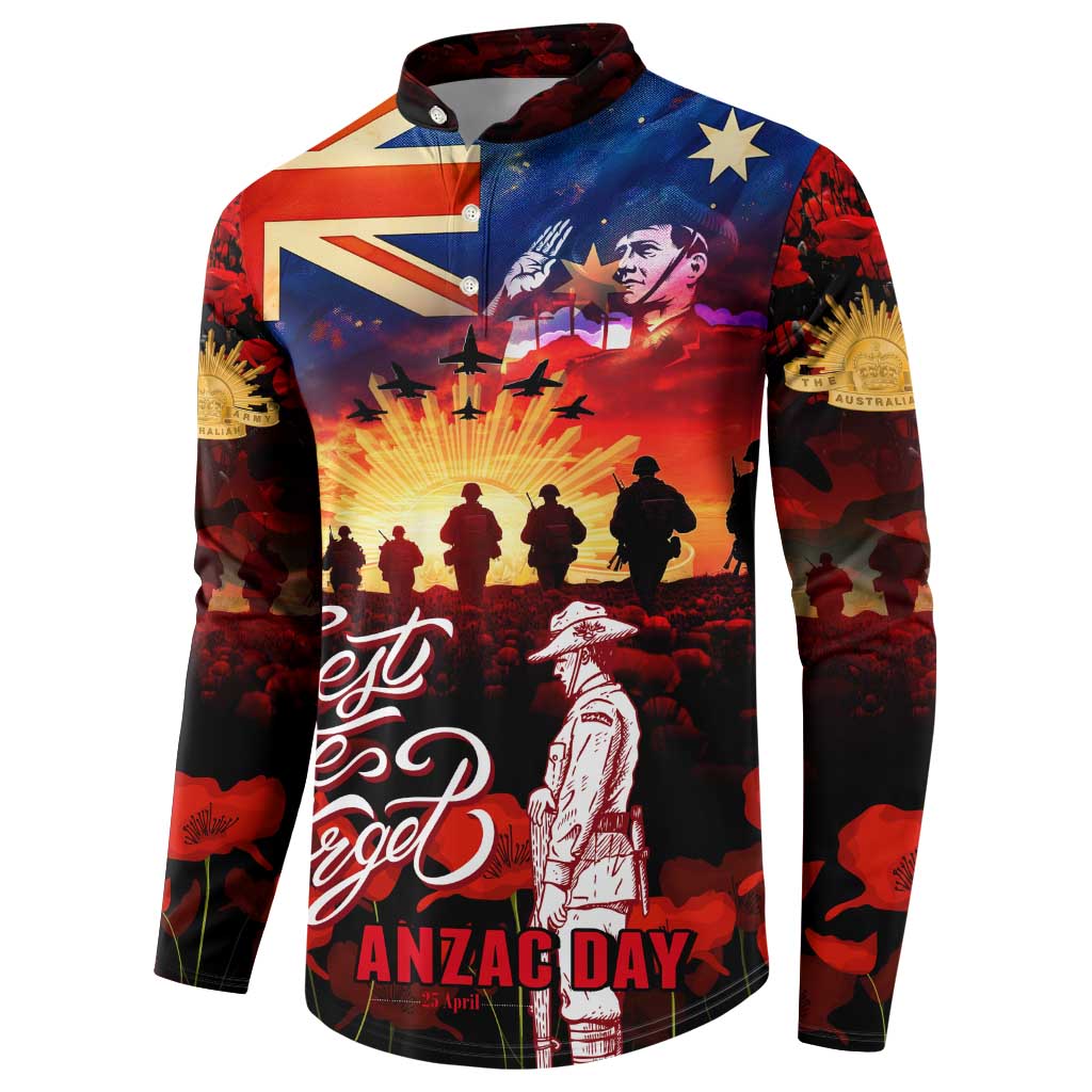 Australia ANZAC Day Button Sweatshirt Let We Forget - Tribute Art with Soldiers and Poppies