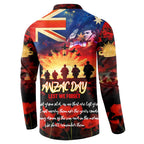 Australia ANZAC Day Button Sweatshirt Let We Forget - Tribute Art with Soldiers and Poppies