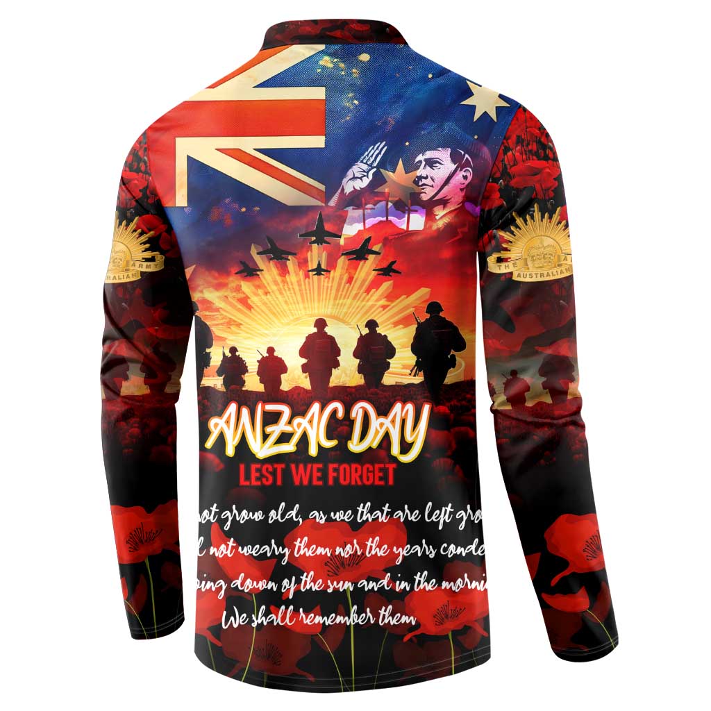 Australia ANZAC Day Button Sweatshirt Let We Forget - Tribute Art with Soldiers and Poppies