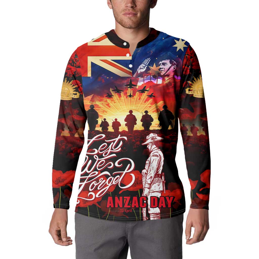 Australia ANZAC Day Button Sweatshirt Let We Forget - Tribute Art with Soldiers and Poppies
