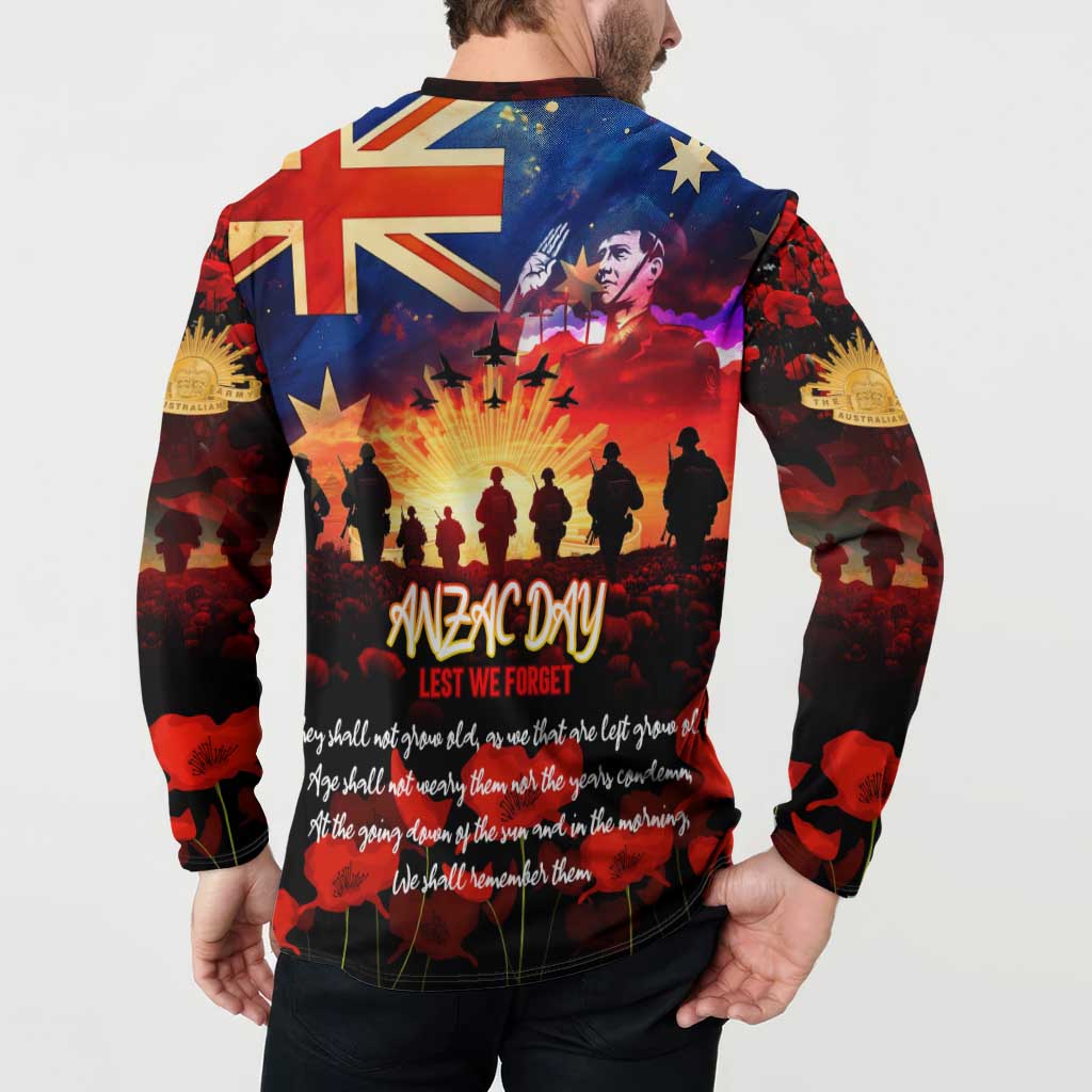 Australia ANZAC Day Button Sweatshirt Let We Forget - Tribute Art with Soldiers and Poppies