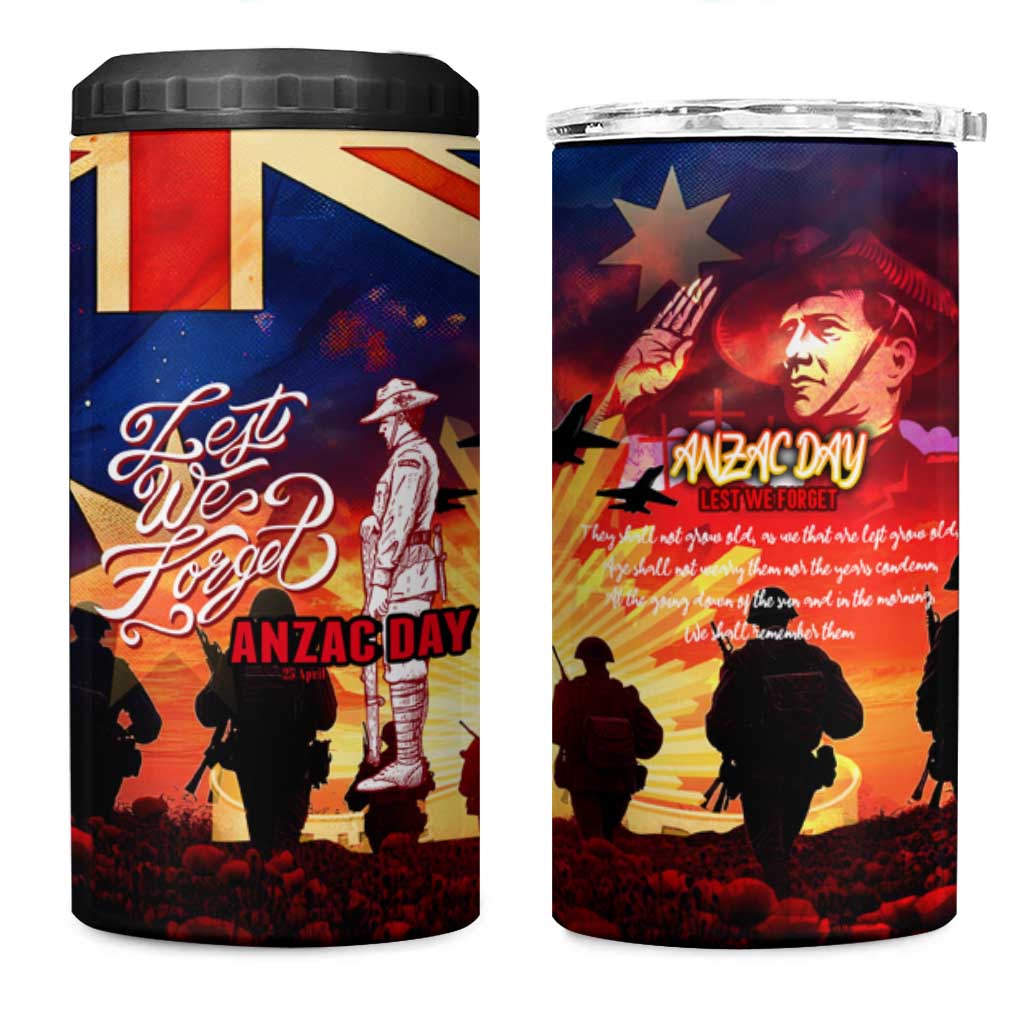 Australia ANZAC Day 4 in 1 Can Cooler Tumbler Let We Forget - Tribute Art with Soldiers and Poppies